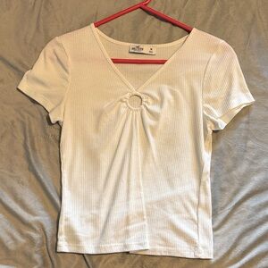 Hollister White Ribbed V-Neck Short Sleeve Top with Ring Detail